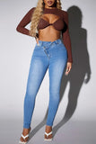 Bjlxn - Deep Blue Casual Solid Patchwork High Waist Skinny Denim Jeans