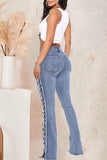 Bjlxn - Baby Blue Sexy Solid Ripped Hollowed Out Patchwork High Waist Denim Jeans