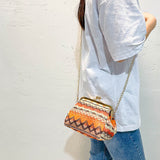 Bjlxn - Boho Straw Woven Kiss Lock Metal Chain Clutch Textured Frame Purse Crossbody Bag