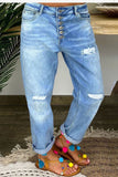 Bjlxn - Baby Blue Fashion Casual Solid Ripped Patchwork Buckle High Waist Regular Denim Jeans