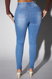 Bjlxn - Deep Blue Casual Solid Patchwork High Waist Skinny Denim Jeans