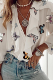 Bjlxn - Elegant Print Floral Butterfly Print Patchwork Flounce V Neck Tops