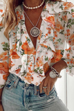 Bjlxn - Elegant Print Floral Butterfly Print Patchwork Flounce V Neck Tops