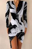 Bjlxn - Sexy Print Patchwork Fold Asymmetrical V Neck Irregular Dress Dresses(8 Colors)