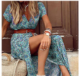 Bjlxn Womens Long Dress Summer V-neck Boho Belted Maxi Dress Casual Sexy Party Dress Ladies Bohemian Beach Holiday Sundress