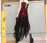 Bjlxn Rosetic Gothic Mesh Pleated Sexy Strap Dress Women Dark Girl Summer Red Black Irregular Patchwork Designer Long Dresses