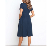 Cotton Linen Women Summer Dress Casual V-neck Button Pocket Short Sleeve A-line Midi Dresses For Women Vestidos