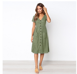 Cotton Linen Women Summer Dress Casual V-neck Button Pocket Short Sleeve A-line Midi Dresses For Women Vestidos