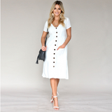 Cotton Linen Women Summer Dress Casual V-neck Button Pocket Short Sleeve A-line Midi Dresses For Women Vestidos