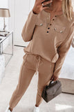 Bjlxn - Casual Buckle Solid Color V Neck Long Sleeve Two Pieces(3 Colors)