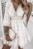 Bjlxn - Sweet Elegant Solid Tassel Embroidered Hollowed Out V Neck A Line Dresses