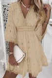 Bjlxn - Sweet Elegant Solid Tassel Embroidered Hollowed Out V Neck A Line Dresses