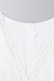 Bjlxn - Sweet Elegant Solid Tassel Embroidered Hollowed Out V Neck A Line Dresses