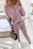 Bjlxn - Casual Buckle Solid Color V Neck Long Sleeve Two Pieces(3 Colors)