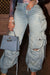 Bjlxn - Fluorescent Pink Casual College Solid Ripped Make Old Patchwork Pocket High Waist Denim Jeans