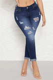 Bjlxn - Deep Blue Casual Solid Ripped High Waist Skinny Denim Jeans