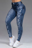 Bjlxn - Dark Blue Fashion Casual Solid Ripped Patchwork High Waist Skinny Denim Jeans