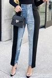 Bjlxn - Blue Black Casual Patchwork Ripped Contrast High Waist Skinny Denim Jeans