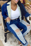 Bjlxn - Blue Fashion Casual Solid Ripped High Waist Skinny Denim Jeans