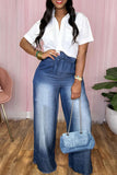 Bjlxn - Light Blue Casual Solid Bandage Patchwork High Waist Straight Denim Jeans