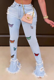 Bjlxn - Baby Blue Casual Butterfly Print Patchwork Boot Cut Denim Jeans