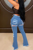 Bjlxn - Baby Blue Fashion Casual Solid Ripped High Waist Regular Denim Jeans