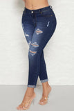 Bjlxn - Deep Blue Casual Solid Ripped High Waist Skinny Denim Jeans