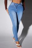 Bjlxn - Deep Blue Casual Solid Patchwork High Waist Skinny Denim Jeans