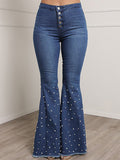 Bjlxn - Blue Casual Buckle Beading Mid Waist Regular Denim Jeans