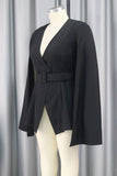 Bjlxn - Black Casual Solid Patchwork With Belt V Neck Outerwear