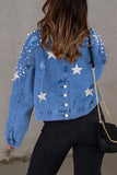 Bjlxn - Light Blue Casual Solid Beading Turndown Collar Long Sleeve Denim Jacket