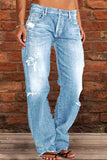 Bjlxn - Blue Casual Solid Ripped Patchwork Mid Waist Regular Denim Jeans