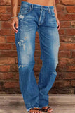 Bjlxn - Blue Casual Solid Ripped Patchwork Mid Waist Regular Denim Jeans