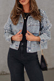 Bjlxn - Light Blue Casual Solid Beading Turndown Collar Long Sleeve Denim Jacket