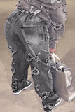 Bjlxn - Grey Street Print Make Old Patchwork High Waist Denim Jeans