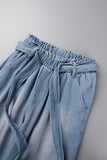 Bjlxn - Light Blue Casual Solid Bandage Patchwork High Waist Straight Denim Jeans