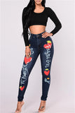 Bjlxn - Deep Blue Fashion Casual Print Patchwork Mid Waist Skinny Denim Jeans