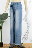 Bjlxn - Light Blue Casual Solid Bandage Patchwork High Waist Straight Denim Jeans