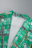 Bjlxn - Green Casual Work Elegant Print Buttons Turn-back Collar Outerwear(With Belt)