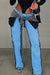 Bjlxn - Sky Blue College Solid Make Old Patchwork Pocket Zipper Mid Waist Straight Denim Jeans