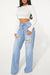 Bjlxn - Baby Blue Casual Solid Ripped High Waist Straight Denim Jeans (Subject To The Actual Object)