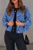 Bjlxn - Light Blue Casual Solid Beading Turndown Collar Long Sleeve Denim Jacket