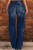 Bjlxn - Blue Casual Solid Ripped Patchwork Mid Waist Regular Denim Jeans