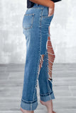 Bjlxn - Light Blue Street Solid Ripped Chains Loose Denim Jeans