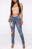 Bjlxn - Light Blue Fashion Casual Print Patchwork Mid Waist Skinny Denim Jeans