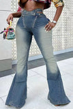 Bjlxn - Blue Casual Solid Hollowed Out Make Old Patchwork Buttons Zipper High Waist Boot Cut Denim Jeans