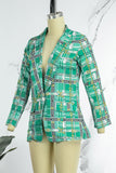 Bjlxn - Green Casual Work Elegant Print Buttons Turn-back Collar Outerwear(With Belt)