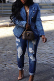 Bjlxn - Light Blue Casual Solid Patchwork Turndown Collar Long Sleeve Regular Denim Jacket