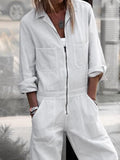 Vintage Plain Statement 3/4 Sleeve Pockets Zipper Casual Jumpsuits