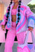 Bjlxn - Pink Purple Casual Patchwork Buckle Zipper Cardigan Collar Outerwear
